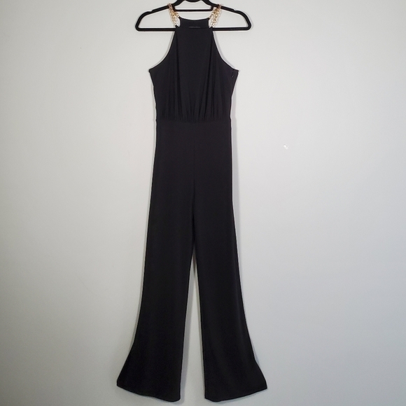 Laundry by Shelli Segal Black Open Peep Back Wide Leg Chain Halter Neck Jumpsuit - Picture 3 of 8